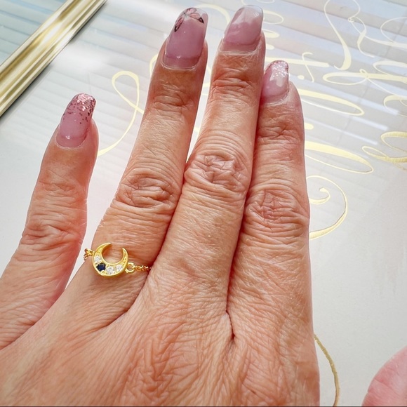 Lunar Crescent Moon Charm Blue Crystal CZ Adjustable Chain Ring Gold S925 Silver - Picture 2 of 7